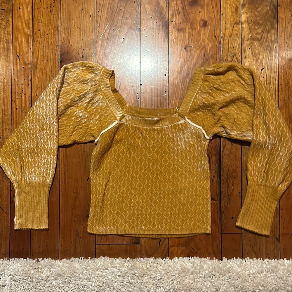 Mustard Yellow Off-the-Shoulder Sweaters with Textured Knit and Puff Sleeves